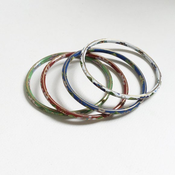 Vintage Cloisonne Blue Green Red White Floral Bangle Stack Set of 4 - Picture 1 of 15